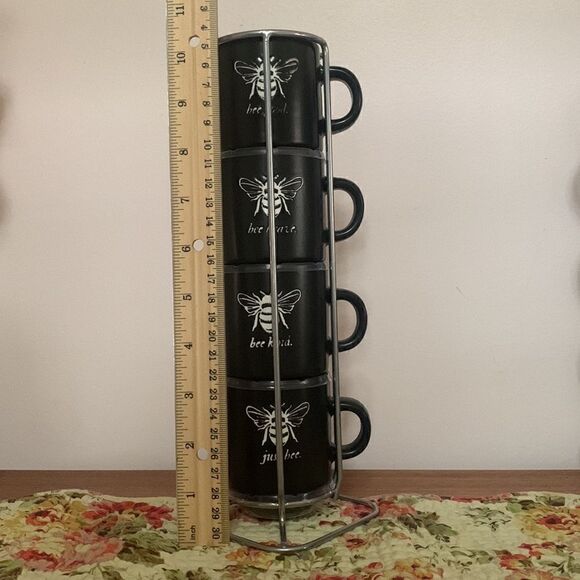 Tower of Ceramic Espresso Cups Set of 4 Bee Kind Bee Good - Picture 9 of 11